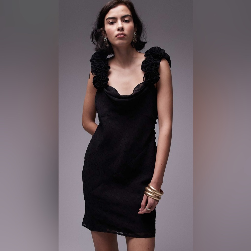 Topshop slip mini dress with 3D ruffle sleeve in black jacquard dot
